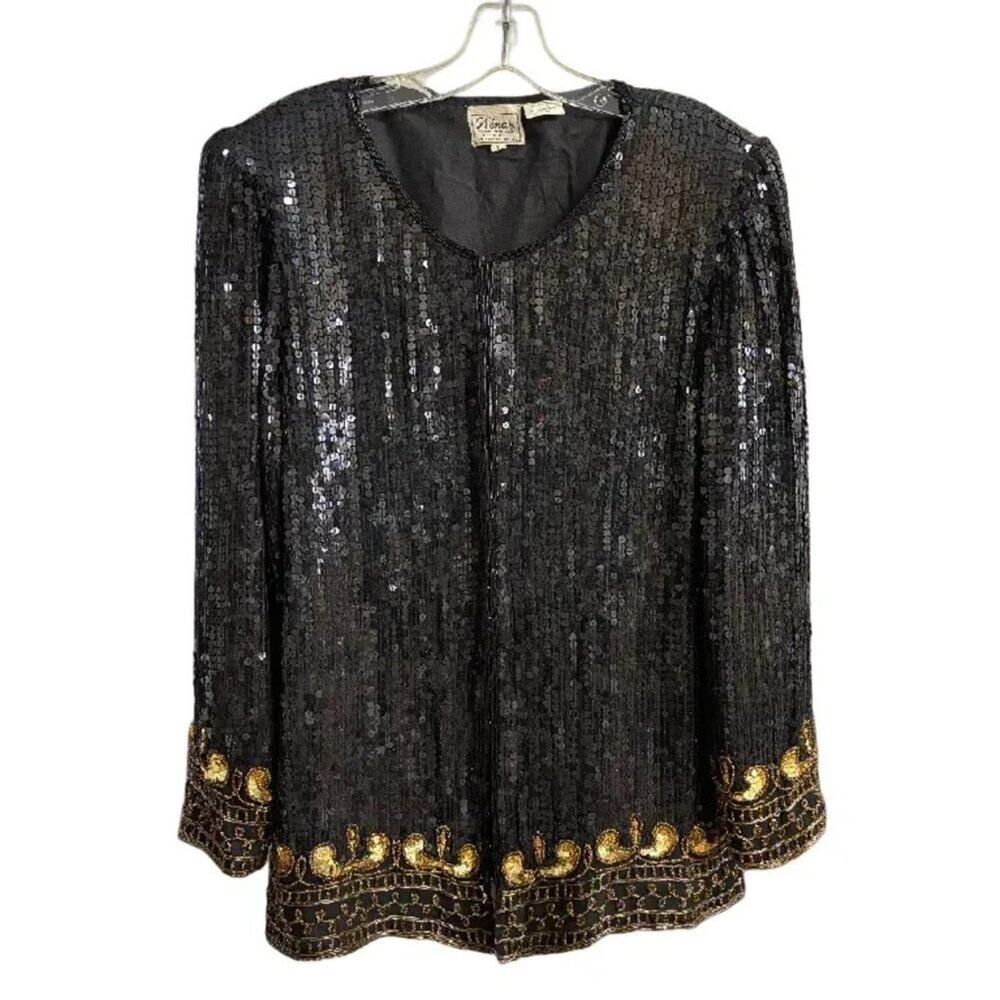 VTG STENAY 100% Silk All Over Sequin Beaded Formal Jacket Black & Gold SZ L